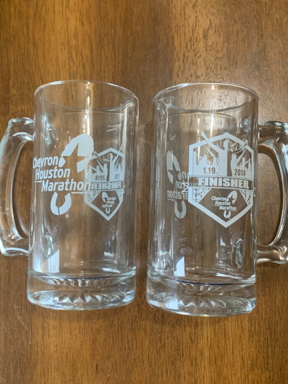 Pair of Chevron Houston Marathon Finisher Glass Mugs Beer Steins 2014